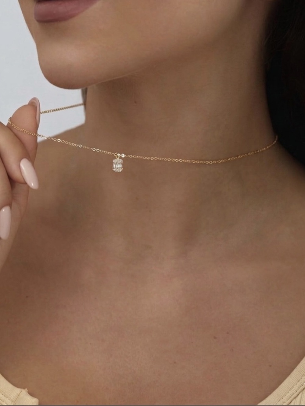#220 Gold Plated Delicate Gold Choker Necklace with Clear Pendant